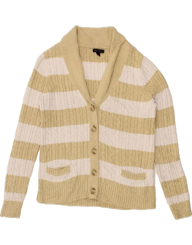 TOMMY HILFIGER Womens Cardigan Sweater UK 14 Large Beige Striped Cotton Handmade Hand-knitted Hand-woven