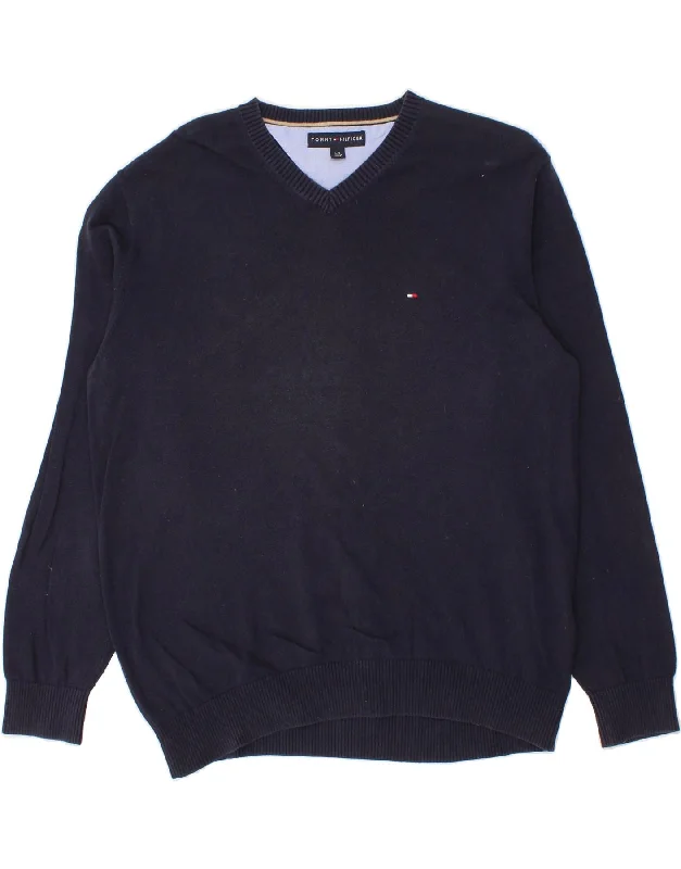 TOMMY HILFIGER Mens V-Neck Jumper Sweater Large Navy Blue Cotton Layered Multi-layer Single Layer