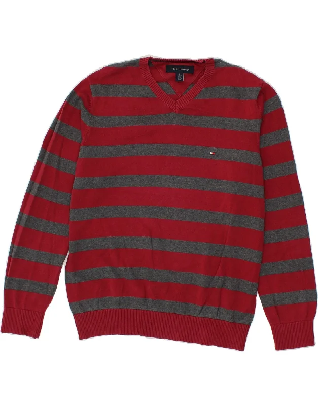 TOMMY HILFIGER Mens V-Neck Jumper Sweater Medium Red Striped Cotton Spandex Blend Rayon Blend Denim Blend