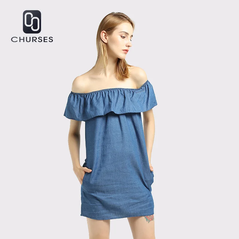 CHURSES Women dress New Fashion Designer Loose Slash neck Jeans Dresses Summer Casual Sleeveless ladies elegant Denim Dresses Trendy Pleated Waist Jeans