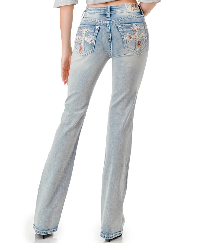 Women's Light Wash Cross Embroidery Boot Cut Jeans Comfortable Full-Length Denim Jeans