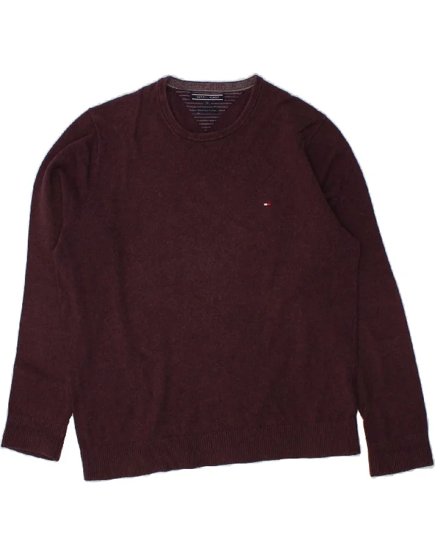 TOMMY HILFIGER Mens Crew Neck Jumper Sweater XL Burgundy Cotton Glossy Satin Silk