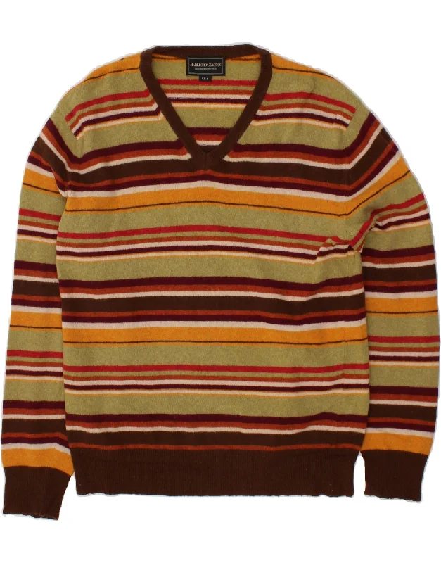 MARLBORO CLASSICS Mens V-Neck Jumper Sweater Medium Multicoloured Striped Seamless Knitted Crochet