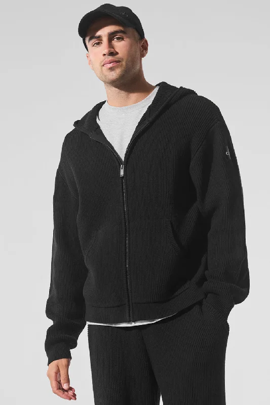 Domain Rib Knit Full Zip Sweater - Black Zippered Buttoned Snapped