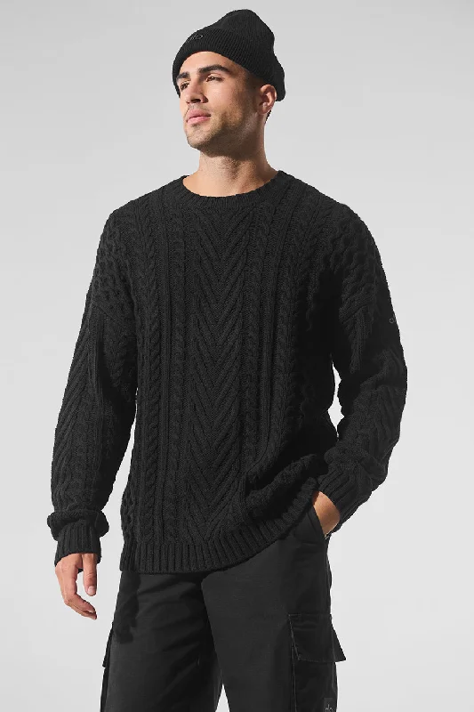 Cable Knit Crew Neck Sweater - Black Zippered Front Buttoned Front Snap Front