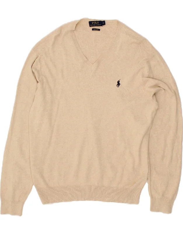 POLO RALPH LAUREN Mens V-Neck Jumper Sweater Medium Beige Cotton Toggled Drawstring Belted