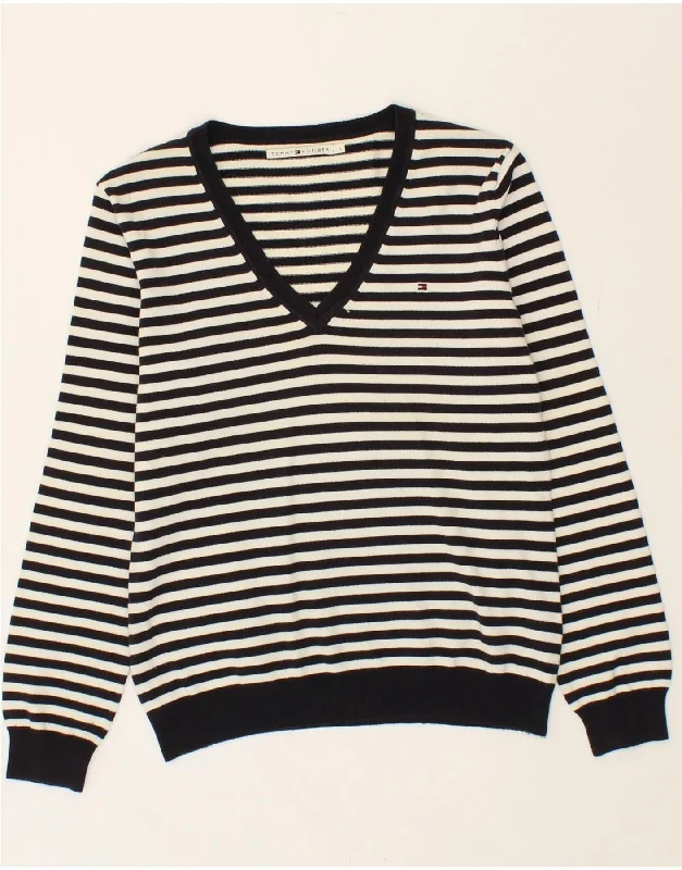 TOMMY HILFIGER Womens V-Neck Jumper Sweater UK 14 Large Black Striped Modern Contemporary Chic