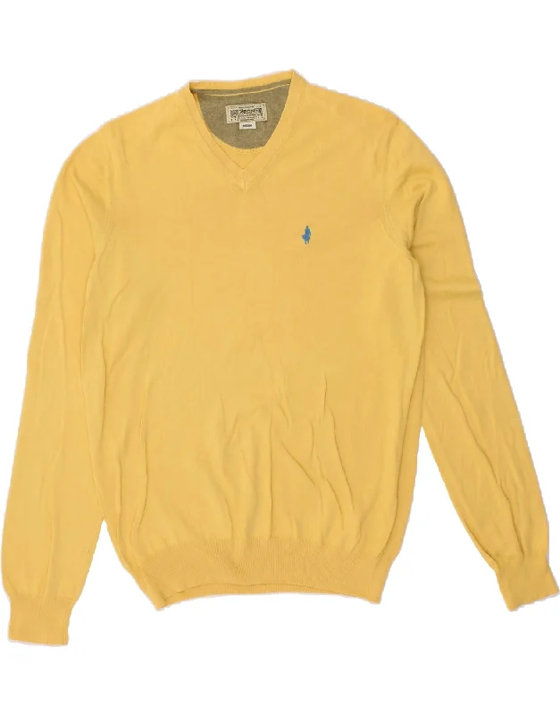 MARLBORO CLASSICS Mens V-Neck Jumper Sweater Medium Yellow Cotton Chenille Brocade Lace