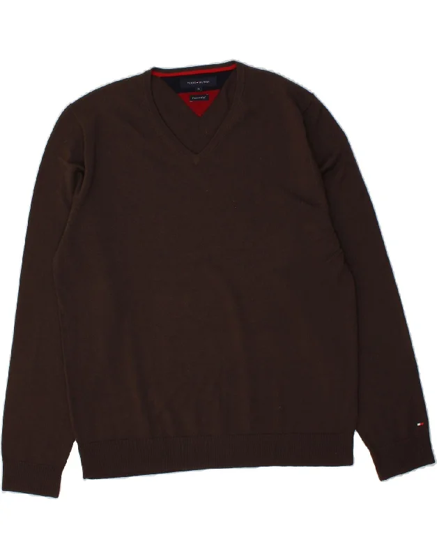 TOMMY HILFIGER Mens V-Neck Jumper Sweater XL Brown Wool Transparent Opaque Sheer