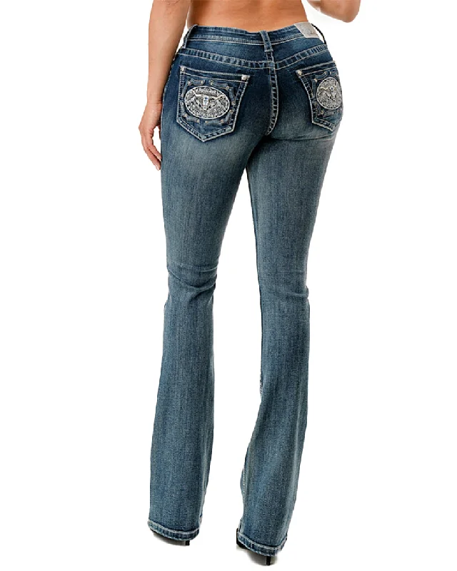 Women's Embroidered Buckle Boot Cut Jeans Chic Vintage-Inspired Denim Jeans