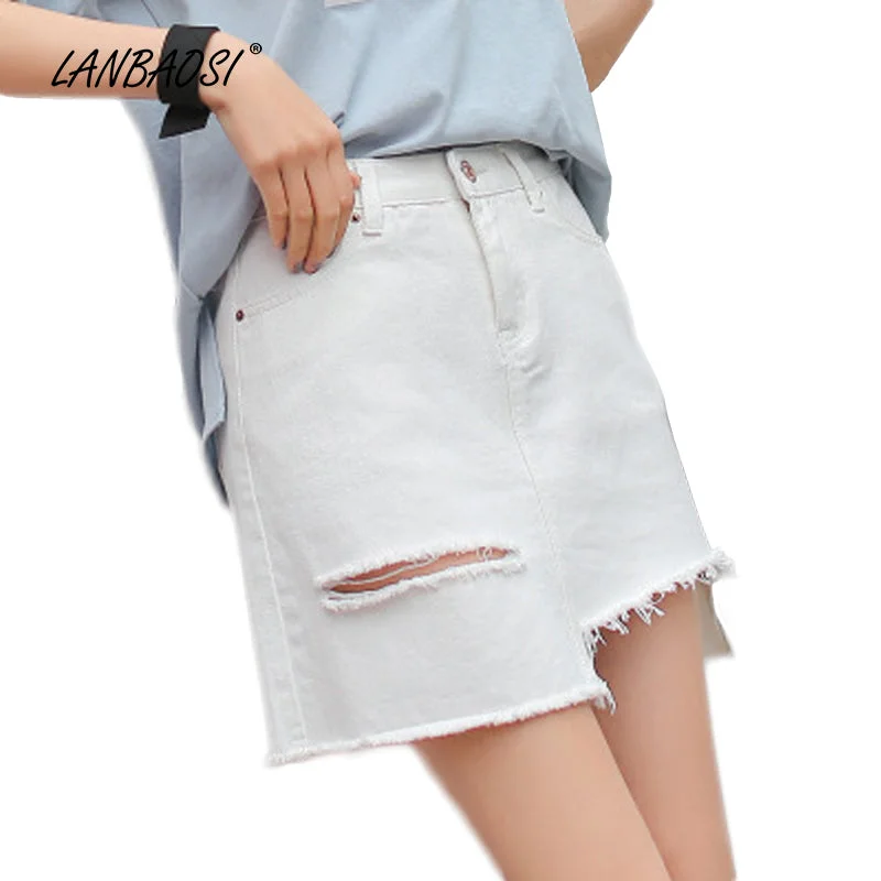 LANBAOSI White Ripped Jeans Miniskirts for Women High Waist Frayed Hem Denim Mini Skirts Cowgirl Female Jean Skirt Trendy Patchwork Denim Jeans