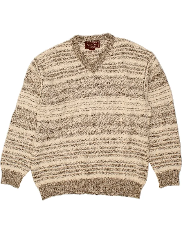 MARLBORO CLASSICS Mens V-Neck Jumper Sweater Medium Beige Striped Cotton Hooded Caped Shawl Collar