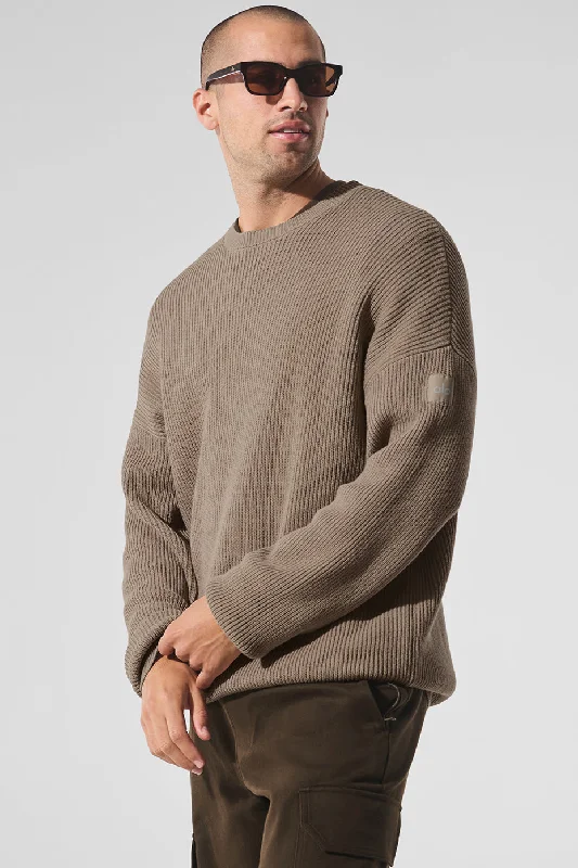 Domain Rib Knit Crew Sweater - Gravel Houndstooth Herringbone Solid