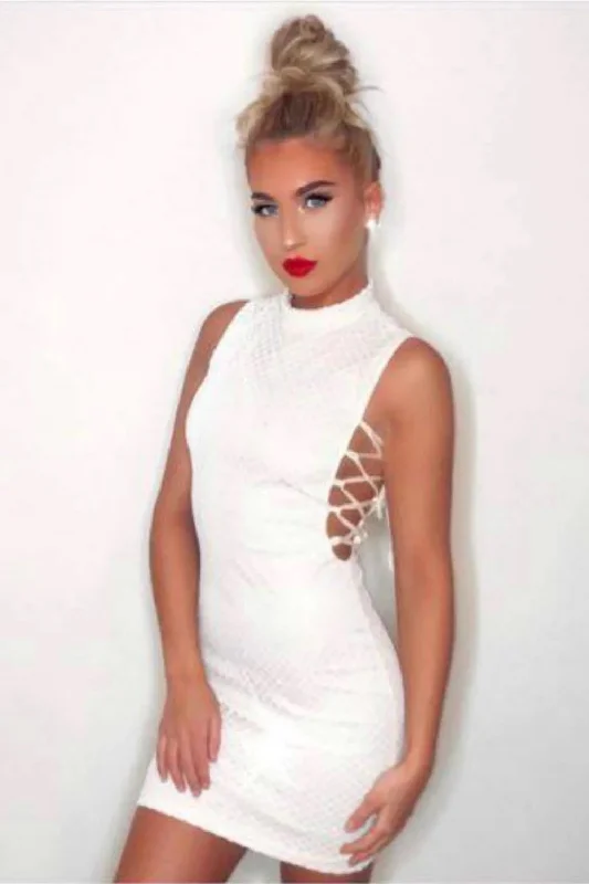 11331- White & Nude High Neck Tie Side Shimmer Sparkle Mini Dress. Trendy Camisole Mini Dress