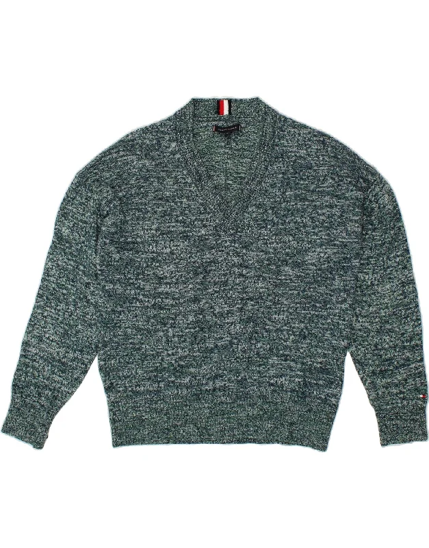 TOMMY HILFIGER Mens V-Neck Jumper Sweater Medium Green Flecked Cotton Nylon Fabric Polyester Fabric Spandex Fabric