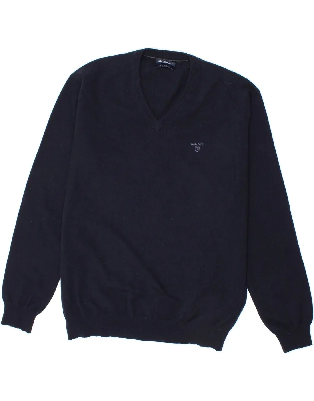 GANT Mens V-Neck Jumper Sweater XL Navy Blue Lambswool Welt Pockets Slit Pockets Flap Pockets