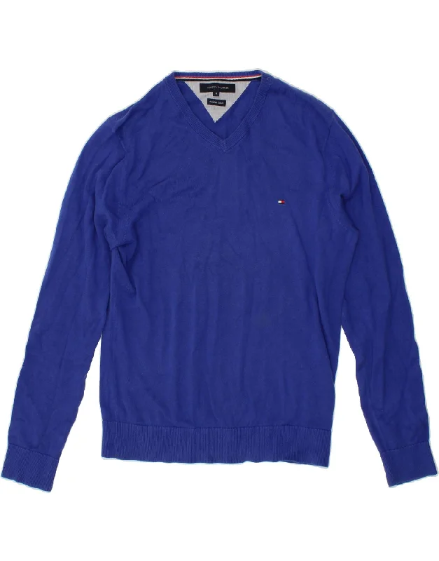 TOMMY HILFIGER Mens V-Neck Jumper Sweater Medium Blue Cotton Mesh Fabric Canvas Fabric Denim Fabric