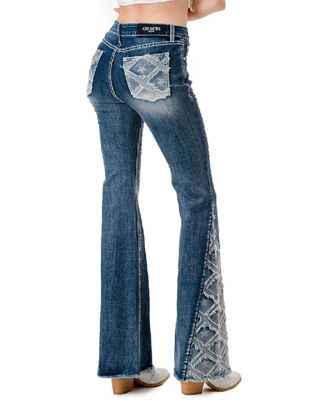 Women's Frayed Detailing High Rise Flare Jeans Trendy Classic Fit Jeans