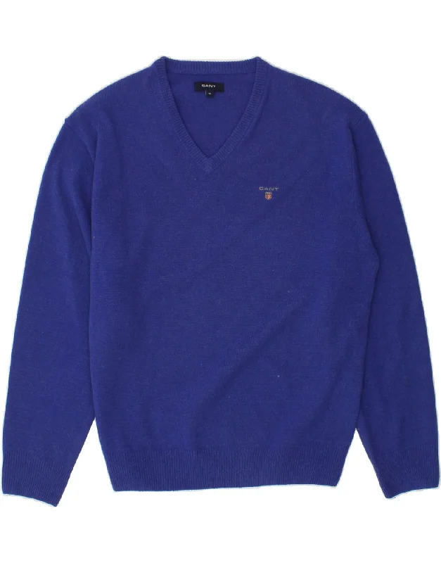 GANT Mens V-Neck Jumper Sweater XL Navy Blue Wool Cashmere Blend Cotton Blend Poly Blend