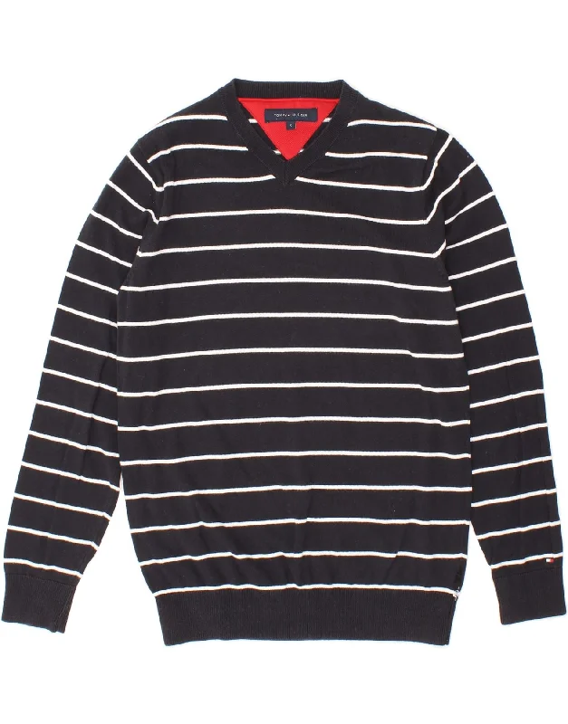 TOMMY HILFIGER Mens V-Neck Jumper Sweater Small Navy Blue Striped Nautical Boxy Sweater Fitted Sweater A-Line