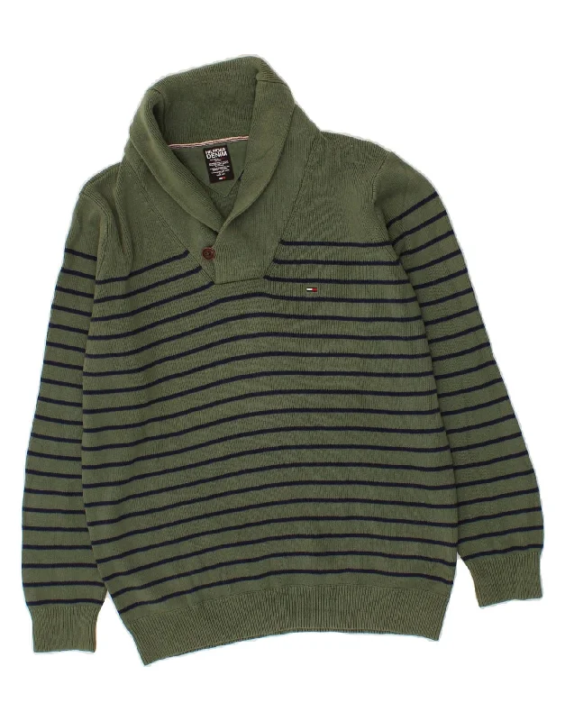 TOMMY HILFIGER Mens Shawl Neck Jumper Sweater Large Green Striped Cotton Sequined Glittery Shiny