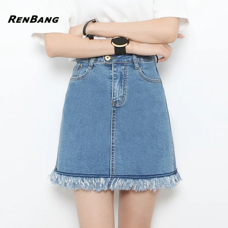 RENBANG 2018 New Summer Plus Size Women Skirt US A-line High Waist Denim Skirts Short Vintage Woman cowgirl Mini Jeans Skirt Chic Dark-Wash Skinny Jeans