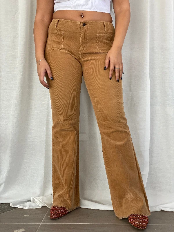 Vintage 90s Guess Jeans Stretch Brown Corduroy Mid Rise Flare Pants - L Classic Slim Fit Jeans