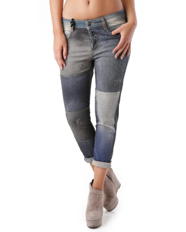 Worn Out Effect Jeans with Button Fastening and Pockets Comfortable Full-Length Denim Jeans