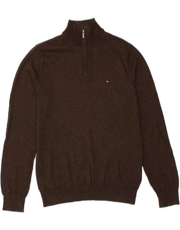 TOMMY HILFIGER Mens Zip Neck Jumper Sweater Large Brown Lambswool Oversized Loose Flowy