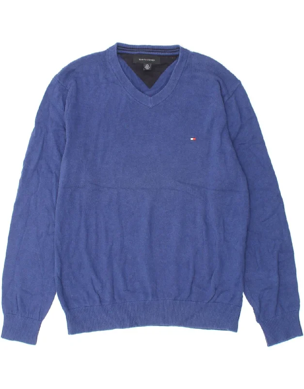 TOMMY HILFIGER Mens V-Neck Jumper Sweater Large Blue Zippered Front Buttoned Front Snap Front