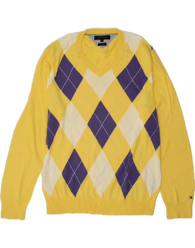 TOMMY HILFIGER Mens V-Neck Jumper Sweater XL Yellow Argyle/Diamond Cotton Faux Fur Fabric Real Fur Fabric Shearling Fabric