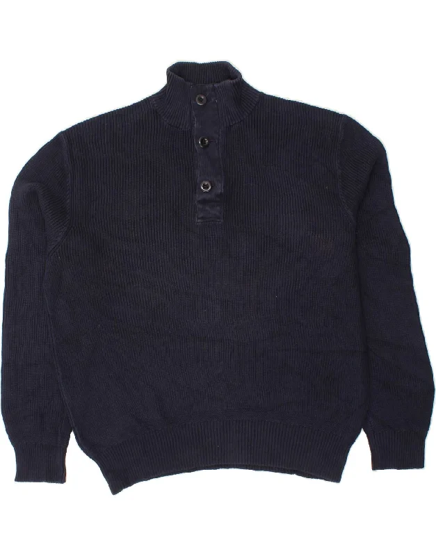 POLO RALPH LAUREN Mens Button Neck Jumper Sweater Large Navy Blue Cotton Bright Pastel Dark