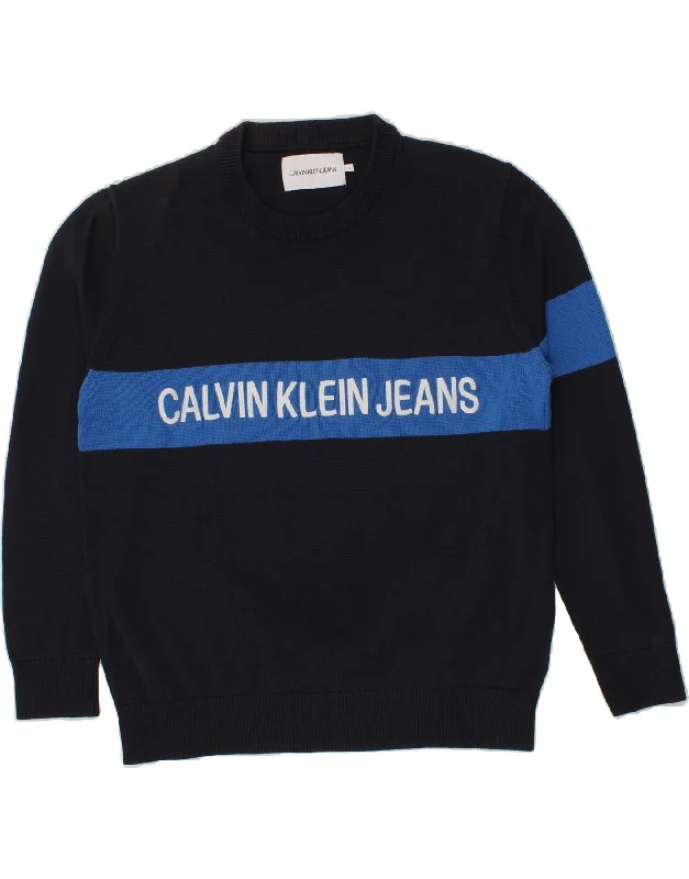 CALVIN KLEIN JEANS Mens Graphic Crew Neck Jumper Sweater Large Navy Blue Real Fur Shearling Chenille