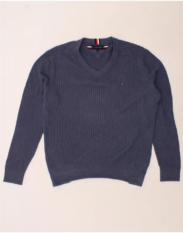 TOMMY HILFIGER Mens V-Neck Jumper Sweater XL Navy Blue Cotton Slim Fit Regular Fit Oversized