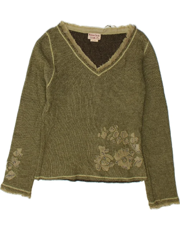 MARLBORO CLASSICS Womens V-Neck Jumper Sweater UK 20 2XL Green Floral Zippered Buttoned Snapped