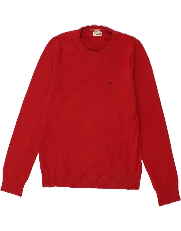 TOMMY HILFIGER Mens Crew Neck Jumper Sweater Medium Red Cotton Zippered Front Buttoned Front Snap Front