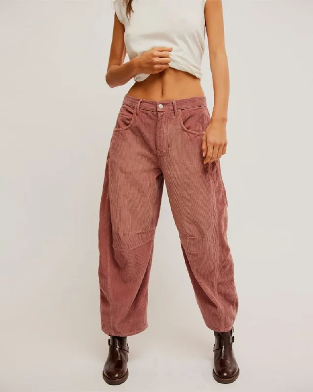 Free People We The Free Good Luck Mid-Rise Cord Barrel Jeans - WITHERED ROSE Stylish Acid-Wash Jeans