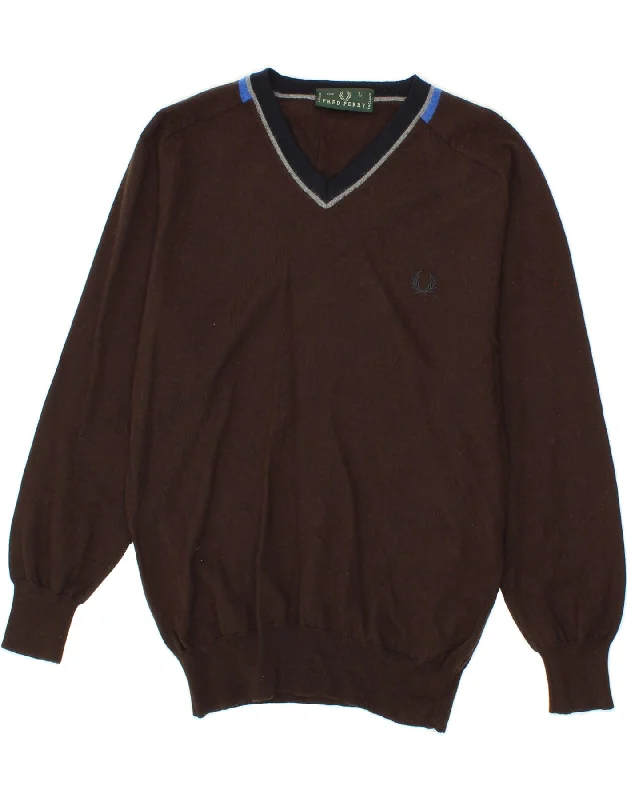 FRED PERRY Womens V-Neck Jumper Sweater UK 14 Large Brown Wool Collared Crew Neck Turtle Neck