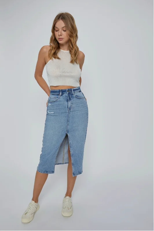 Lorena High Rise Jean Midi Skirt Casual Distressed Denim Jeans