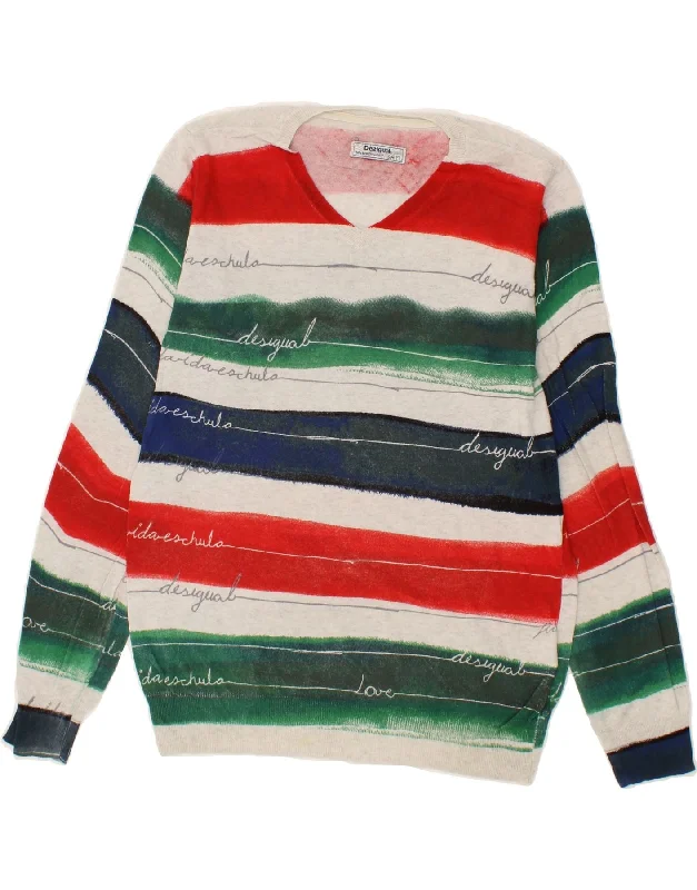 DESIGUAL Mens V-Neck Jumper Sweater Medium Multicoloured Striped Cotton Chenille Brocade Lace