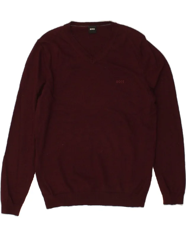 HUGO BOSS Mens V-Neck Jumper Sweater Large Burgundy Layered Multi-layer Single Layer