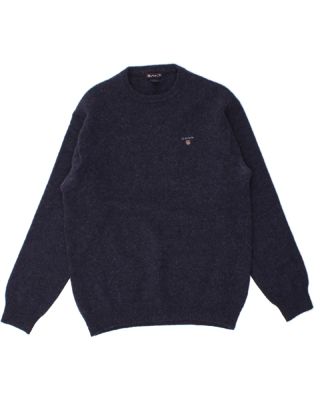 GANT Mens Crew Neck Jumper Sweater Medium Navy Blue Lambswool Seamless Knitted Crochet