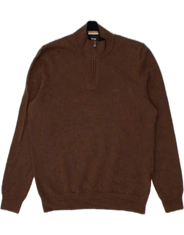 HUGO BOSS Mens Zip Neck Jumper Sweater XL Brown Virgin Wool Terry Terry Cloth Terry Knit