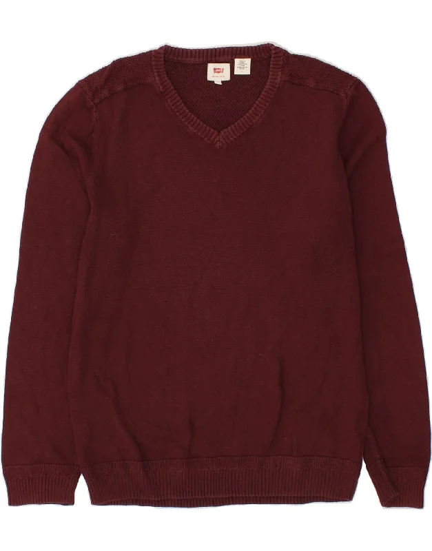 LEVI'S Mens V-Neck Jumper Sweater Medium Burgundy Cashmere Blend Cotton Blend Poly Blend