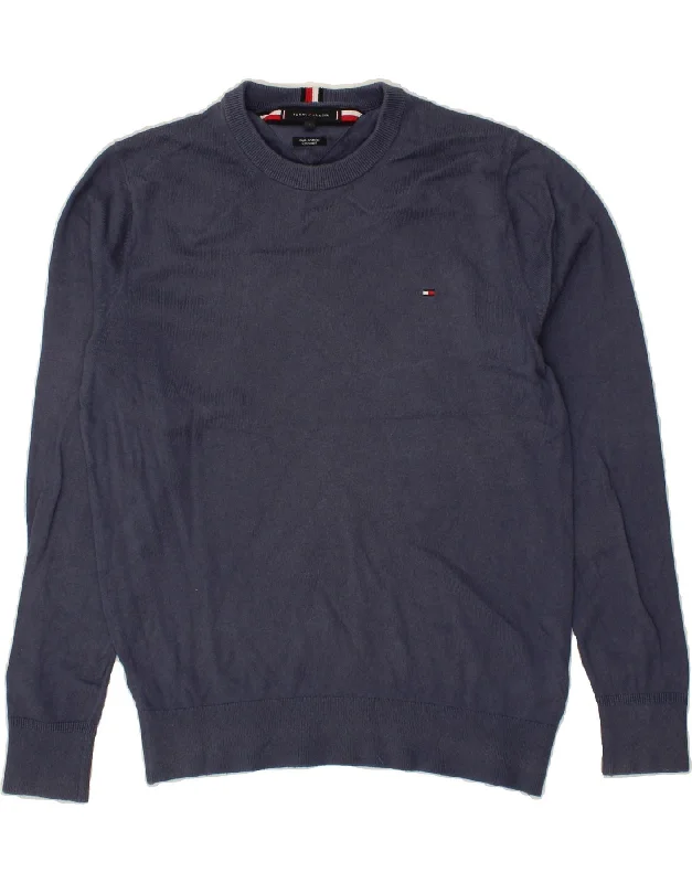 TOMMY HILFIGER Mens Crew Neck Jumper Sweater Large Navy Blue Cotton Spandex Rayon Corduroy