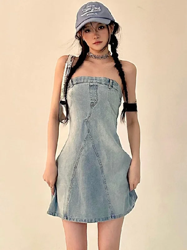 Oriel Denim Blue Washed Vintage Sleeveless Bandeau Mini Dress Casual Mini Dress with Pockets