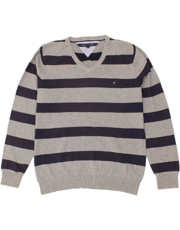 TOMMY HILFIGER Mens V-Neck Jumper Sweater Large Grey Striped Cotton Thin Thick Dense