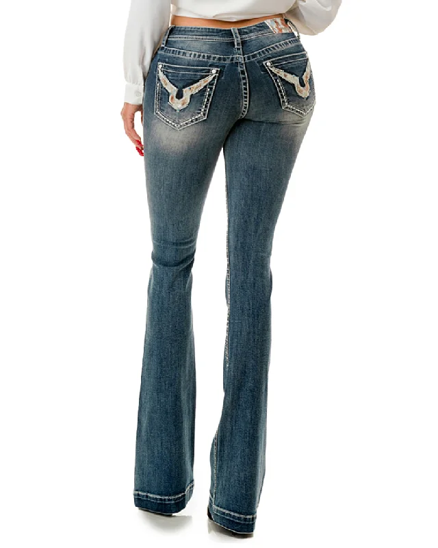 Women's Embroidered Pocket Boot Cut Jeans Stylish Paperbag Waist Denim