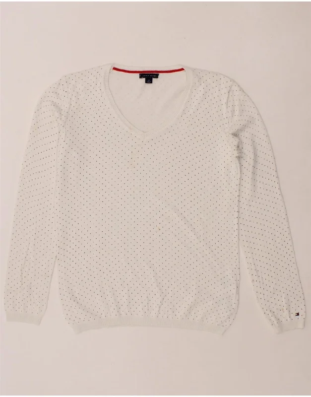 TOMMY HILFIGER Womens V-Neck Jumper Sweater UK 10 Small White Polka Dot Modern Contemporary Chic