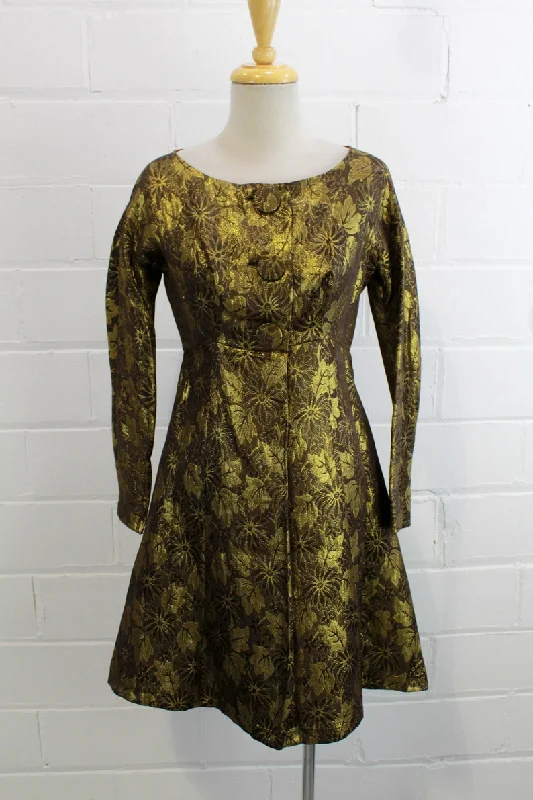 Vintage 1960s Gold Brocade Floral Mini Dress, XS Trendy Crossover Mini Dress